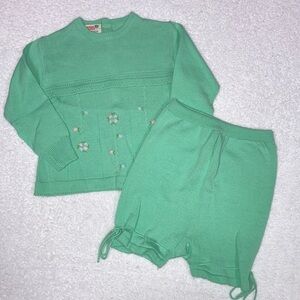 Vintage silver self green knit sweater and knickers 18m
